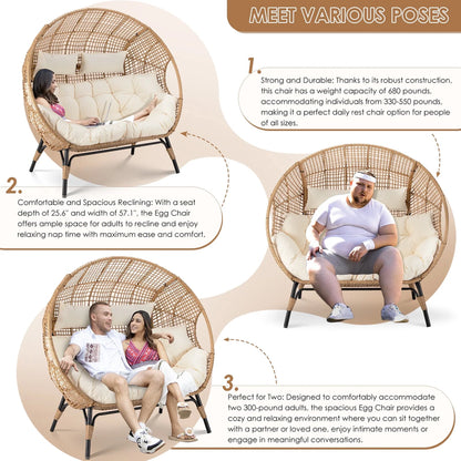 Radiata Double Egg Chair For 2 Person, Oversized Wicker Loveseat With Thick Cushions, 680 Lbs Capacity