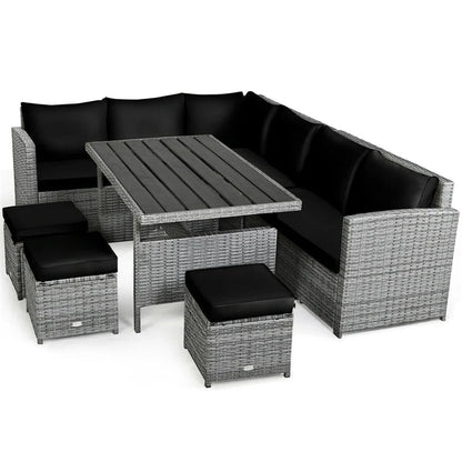 7 Pcs Rattan Patio Dining Furniture Sectional Sofa Set With Dining Table, Ottomans And Cushions