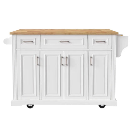 Large Kitchen Island With Wood Drop Leaf, Embossed Texture Rolling Kitchen Cart wDoors And Drawers wStorage For Kitchen, White