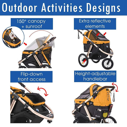 Jogging Sports Stroller With Comfort Rubber Wheels/Zipper-Less Entry/1-Hand Quick Fold/Aluminum Frame For Small/Medium Dogs, Cats And Pets, Green Camo