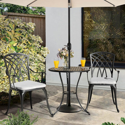 Nuu Garden Bistro Set 3 Piece Outdoor Cast Aluminum Patio Bistro Set Patio Table And Chairs Set Of 2 With Umbrella Hole And Gray Cushions, Black