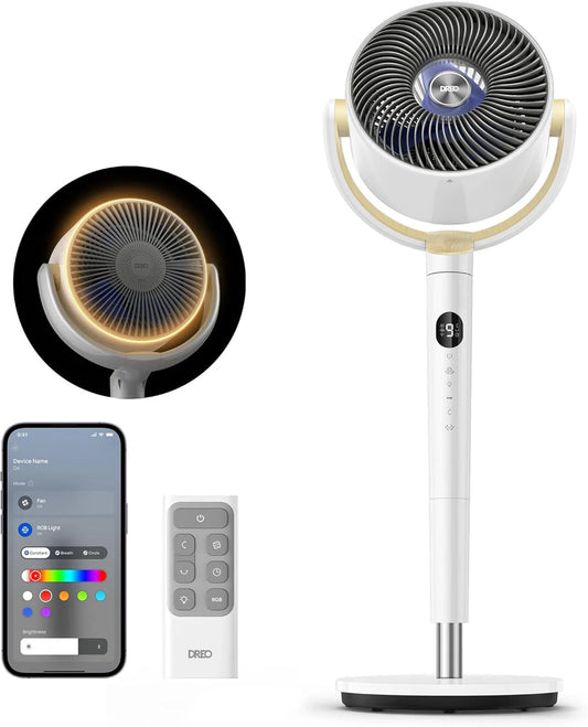 Dreo Smart Fan For Bedroom, 120 Degree Plus 120 Degree Omni-Directional Oscillating Fans, 100 Ft. Quiet Pedestal Fan With Rgb Light, 9 Speeds