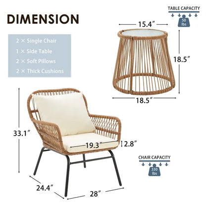 3-Piece Patio Conversation Bistro Set, Outdoor Rattan Furniture Set With Glass Table And 2 Wide Armchairs, Seat Cushions