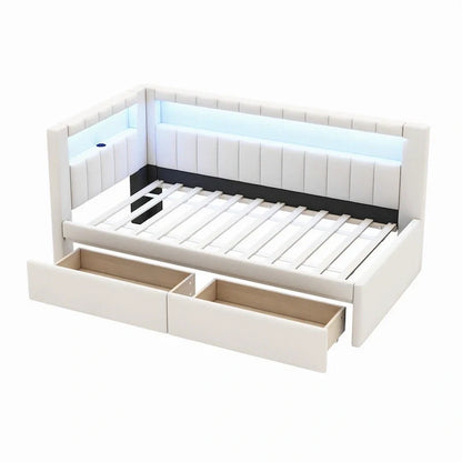 Upholstered Platform Bed With USB Ports And LED Lighting, Full/Twin Size Bed Frame With 2 Storage Drawers, Modern Bedroom