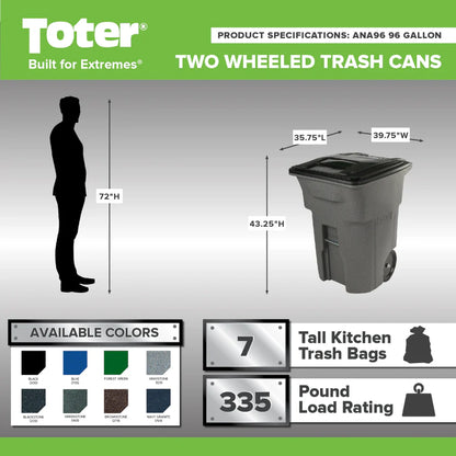 Toter 96 Gallon Trash Can With Smooth Wheels And Lid