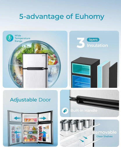 Euhomy 3.2 Cu. Ft. Mini Fridge With Freezer 2-Door Compact Refrigerator For Bedroom, Dorm, Office Or Apartment, Silver