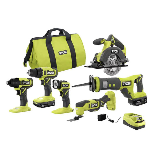 Ryobi One Plus 18V Cordless 6-Tool Combo Kit With Drill, Impact Driver, Saw, Multi-Tool And LED Light