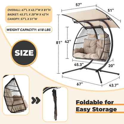 Outdoor Swing Loveseat With Stand, Foldable Hanging Chair, Hammock Cushion, And Awning, Double Egg Chair, Beige
