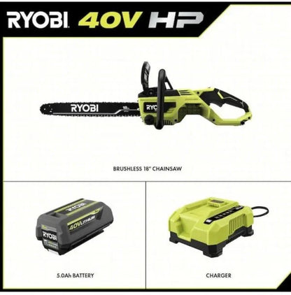 Ryobi 18 In. 40V Cordless Chainsaw Kit With Battery And Charger, Green