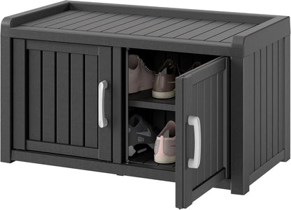Kamaboko Outdoor Shoe Storage Cabinet, Waterproof UV-Resistant Entryway Storage Bench Indoor Outdoor With 2 Barn Doors