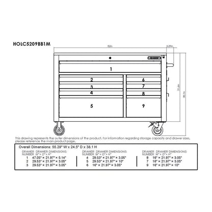 Heavy-Duty 52 In. 9-Drawer Mobile Workbench With Adjustable-Height Solid Wood Top In Matte Blue