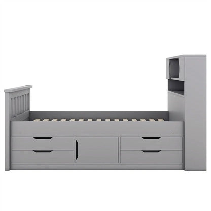 Twin/Full Size Captain Platform Bed With 4 Drawers And Storage Shelves, Solid Wood Bed Frame With Storage Bookcase Headboard
