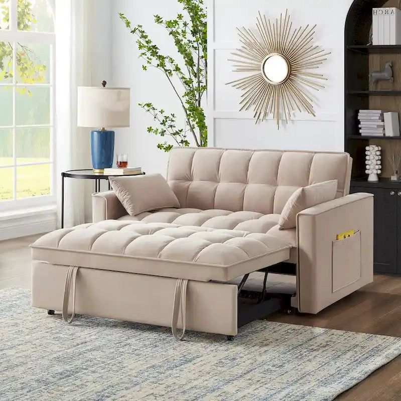 4 in1 Loveseat Sofa Bed With Armrests And Storage Pockets, Multi-Function Tufted Pull-Out Sofa Bed With Adjustable Backrest