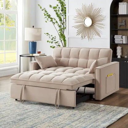 4 in1 Loveseat Sofa Bed With Armrests And Storage Pockets, Multi-Function Tufted Pull-Out Sofa Bed With Adjustable Backrest
