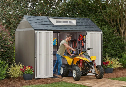 Rubbermaid Resin Garden Shed With Floor, 2.13 x 2.13 M, Weatherproof, Grey, For Storing Garden Tools, Lawnmowers, Bicycles And Pool Accessories