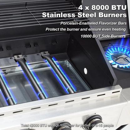 Upgraded 4 Burner Bbq Propane Gas Grill With Cast Iron Grates And Side Stove, 44,000 BTU Stainless Steel Burner Barbecue Grill For Patio