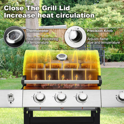 Upgraded 4 Burner Bbq Propane Gas Grill With Cast Iron Grates And Side Stove, 44,000 BTU Stainless Steel Burner Barbecue Grill For Patio