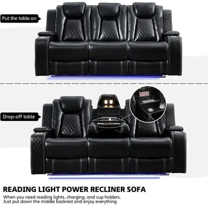 Power Reclining Sofa With Wireless Charger, Reading Light For Living Room, Faux Leather LED Light, AC/USB Port, Cup Holder, Black