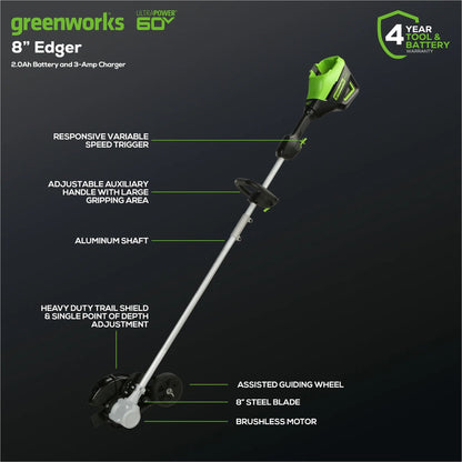 Greenworks 60V 8 In. Brushless Cordless Edger, 2.0 Ah Battery And Charger Included