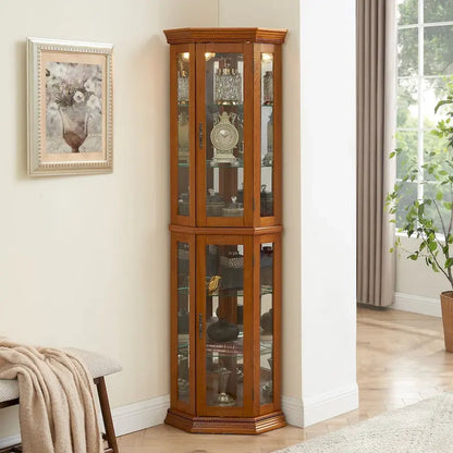 Corner Curio Cabinet With Lights, Adjustable Tempered Glass Shelves, Mirrored Back, Display Cabinet