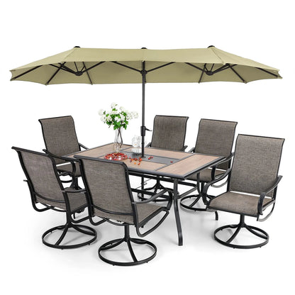 8-piece Patio Dining Set With Parasol, Garden Furniture Set With 6 Swivel Dining Chairs With Mesh Covers