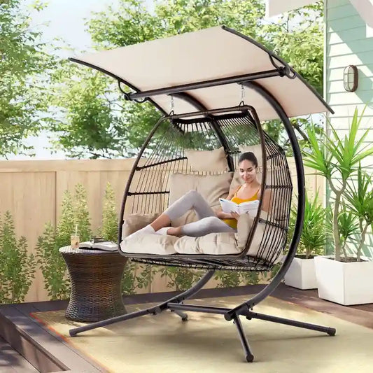 Outdoor Swing Loveseat With Stand, Foldable Hanging Chair, Hammock Cushion, And Awning, Double Egg Chair, Beige