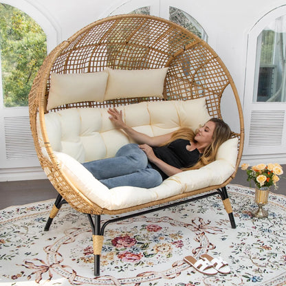 Radiata Double Egg Chair For 2 Person, Oversized Wicker Loveseat With Thick Cushions, 680 Lbs Capacity