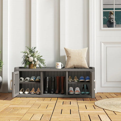 Kamaboko Outdoor Shoe Storage Cabinet, Waterproof UV-Resistant Entryway Storage Bench Indoor Outdoor With 2 Barn Doors