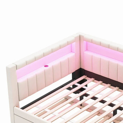 Upholstered Platform Bed With USB Ports And LED Lighting, Full/Twin Size Bed Frame With 2 Storage Drawers, Modern Bedroom