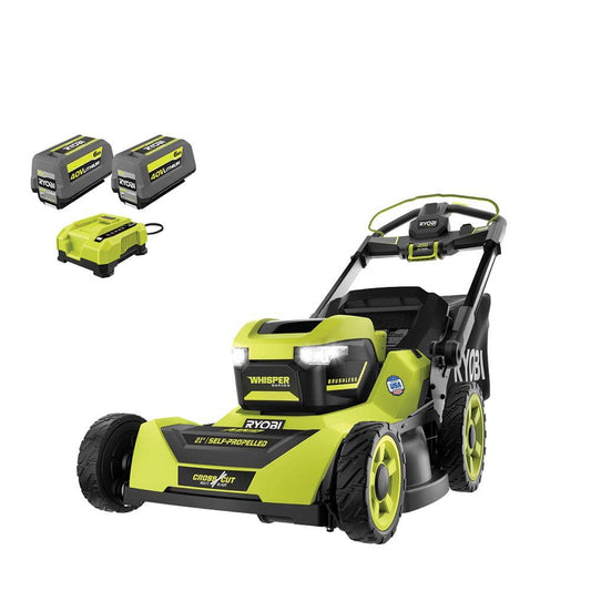 Ryobi 40V HP Brushless 21-in Self-Propelled Awd Lawn Mower, Whisper Series, Includes, 2 6.0Ah Batteries And Charger