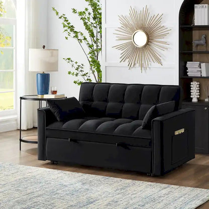 4 in1 Loveseat Sofa Bed With Armrests And Storage Pockets, Multi-Function Tufted Pull-Out Sofa Bed With Adjustable Backrest
