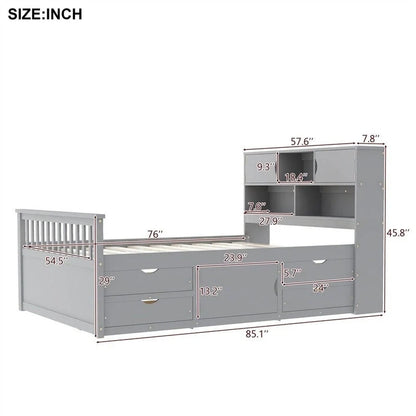 Twin/Full Size Captain Platform Bed With 4 Drawers And Storage Shelves, Solid Wood Bed Frame With Storage Bookcase Headboard