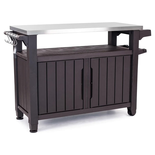 Keter Unity XL Outdoor Durable Kitchen Rolling Bar Cart With Storage Cabinet, Brown
