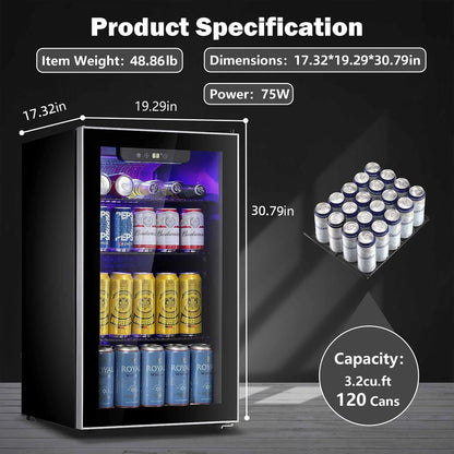 Auseo 126 Can Beverage Refrigerator And Cooler With Glass Door For Home/Office/Bar-Black
