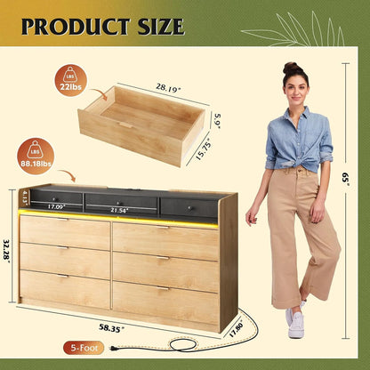 9 Drawer LED Dresser For Bedroom, 58.35 In. Wide Wood Dresser Storage Organizer With Power Outlets For 65 In. TV, Dressers With Open Shelves