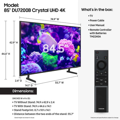 Samsung 85 In. DU7200B Crystal UHD 4K Smart TV With PurColor, 4K Upscaling, HDR, Motion Xcelerator, And Tizen OS