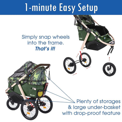 Jogging Sports Stroller With Comfort Rubber Wheels/Zipper-Less Entry/1-Hand Quick Fold/Aluminum Frame For Small/Medium Dogs, Cats And Pets, Green Camo