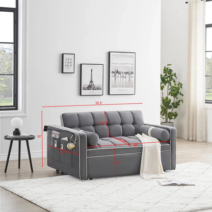 3-in-1 Sleeper Sofa Couch Bed, Small Tufted Velvet Convertible Loveseat Futon Sofa w/Pullout Bed, Adjustable Backrest, Cylinder Pillows