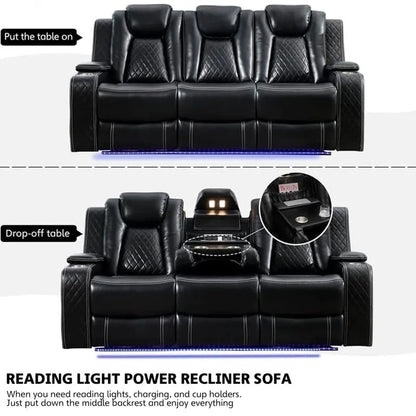 Power Reclining Sofa With Wireless Charger, Reading Light For Living Room, Faux Leather LED Light, AC/USB Port, Cup Holder, Black