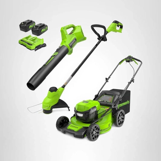 Greenworks 48V, 24V x 2 21 In. Brushless Self-Propelled Mower Plus 12 In. String Trimmer Plus 320CFM Blower
