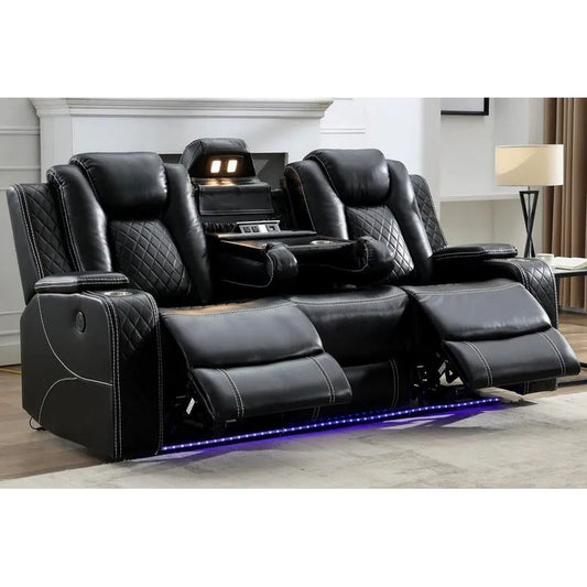 Power Reclining Sofa With Wireless Charger, Reading Light For Living Room, Faux Leather LED Light, AC/USB Port, Cup Holder, Black