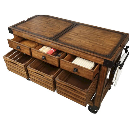 Kitchen Cart With 3 Drawers In Distressed Chestnut