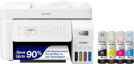 Epson EcoTank ET-4800 Wireless All-in-One Inkjet Printer, Scanner, Copier, Fax, ADF, Ethernet, White