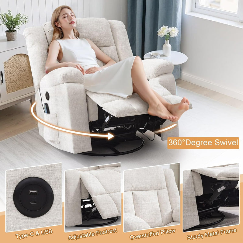 Rocker Recliner, Glider Recliner Chairs For Adults, 360 Degree Swivel Rocking Chair With Massage And Heating