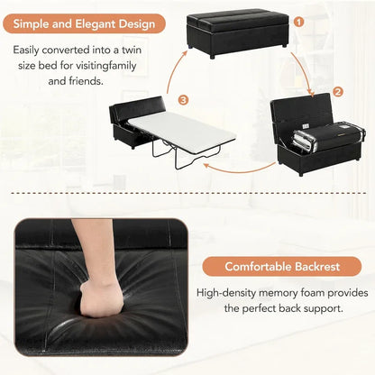 Twin Size Folding Pull Out Ottoman Sleeper Bed With Mattress Convertible Guest Bed, PU Upholstered Sleeper Sofa