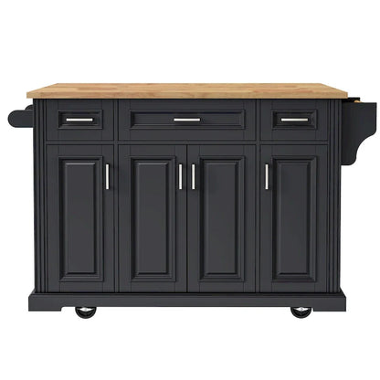 54 Large Kitchen Island With Rubber Wood Drop Leaf, Embossed Texture Rolling Kitchen Cart On 4 Wheels With 4 Doors And 3 Drawers