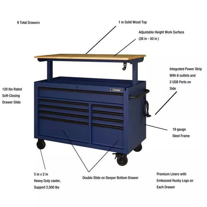 Heavy-Duty 52 In. 9-Drawer Mobile Workbench With Adjustable-Height Solid Wood Top In Matte Blue