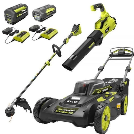 Ryobi 40V Brushless 20 In. Walk Behind Self-Propelled Mower/String Trimmer/Leaf Blower With 2 Batteries And 2 Chargers