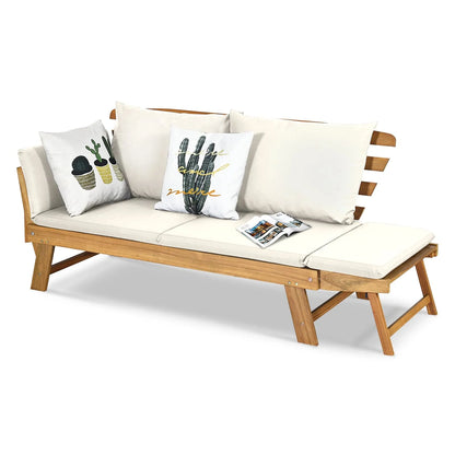 Outdoor Convertible Acacia Wood Daybed, Couch Sofa Bed w/Adjustable Armrest