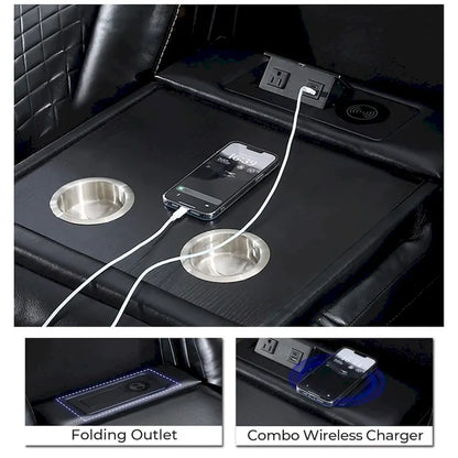 Power Reclining Sofa With Wireless Charger, Reading Light For Living Room, Faux Leather LED Light, AC/USB Port, Cup Holder, Black